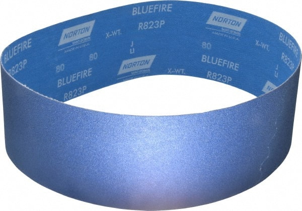 Norton - 4" Wide x 36" OAL, 80 Grit, Zirconia Alumina Abrasive Belt - Zirconia Alumina, Medium, Coated, X Weighted Cloth Backing, Series R823 - Exact Tooling