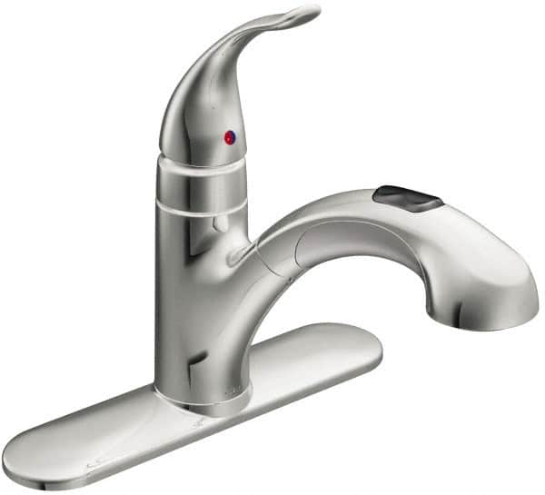 Moen - 3 Hole Mount, Low Arc Commercial Faucet - One Handle, Pull Lever Handle, Pullout Spout, No Drain - Exact Tooling