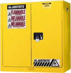 Justrite - 2 Door, 3 Shelf, Yellow Steel Wall Mount Safety Cabinet for Flammable and Combustible Liquids - 44" High x 43" Wide x 12" Deep, Manual Closing Door, 20 Gal Capacity - Exact Tooling