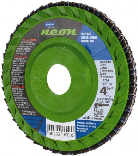 Norton - 60 Grit, 4-1/2" Disc Diam, 7/8" Center Hole, Type 27 Ceramic Alumina Flap Disc - 13,300 Max RPM, Polyester Backing, Arbor Attaching System, Coated - Exact Tooling