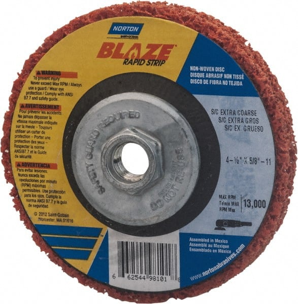 Norton - 4-1/2" Extra Coarse Grade Aluminum Oxide/Ceramic Deburring Disc - 5/8-11 Threaded Center Hole, Arbor Mount Connection, Orange, 12,000 Max RPM - Exact Tooling