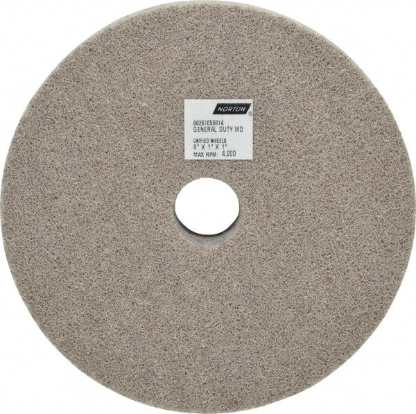 Norton - 6" Diam, 1" Face Width, 1" Center Hole, Fine Grade, Aluminum Oxide Deburring Wheel - Unitized, Medium Density 4 Grade, 4,800 RPM - Exact Tooling