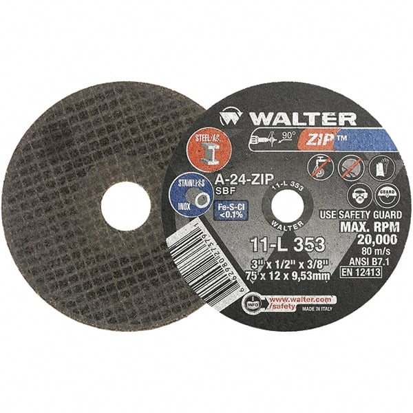 WALTER Surface Technologies - 3" 24 Grit Aluminum Oxide Cutoff Wheel - 1/2" Thick, 3/8" Arbor, 25,470 Max RPM, Use with Die Grinders - Exact Tooling