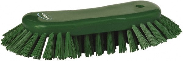 Vikan - 1.3" Bristle Length, Polyester Utility Scrub Brush - 7-3/4" Long x 3" Wide Head, 8" OAL, European Threaded Handle, Green, Polypropylene Block - Exact Tooling
