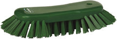 Vikan - 1.3" Bristle Length, Polyester Utility Scrub Brush - 7-3/4" Long x 3" Wide Head, 8" OAL, European Threaded Handle, Green, Polypropylene Block - Exact Tooling