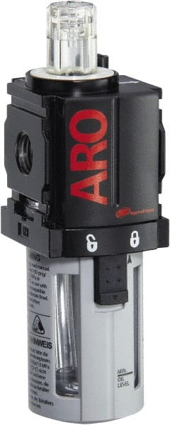 ARO/Ingersoll-Rand - 1/4" NPT, 150 Max psi Miniature Modular Lubricator - Polycarbonate Bowl, Aluminum Body, 51 CFM, 125°F Max Temp, 1.58" Long x 1.81" Wide x 5.04" High - Exact Tooling