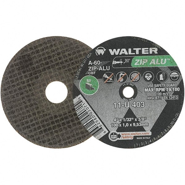 WALTER Surface Technologies - 4" 60 Grit Aluminum Oxide Cutoff Wheel - 1/32" Thick, 3/8" Arbor, 19,100 Max RPM, Use with Angle Grinders - Exact Tooling