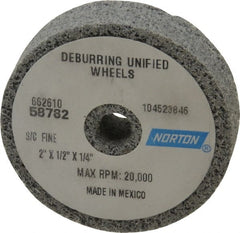 Norton - 2" Diam, 1/2" Face Width, 1/4" Center Hole, Very Fine Grade, Silicon Carbide Deburring Wheel - Unitized, Medium Grade, 20,000 RPM - Exact Tooling