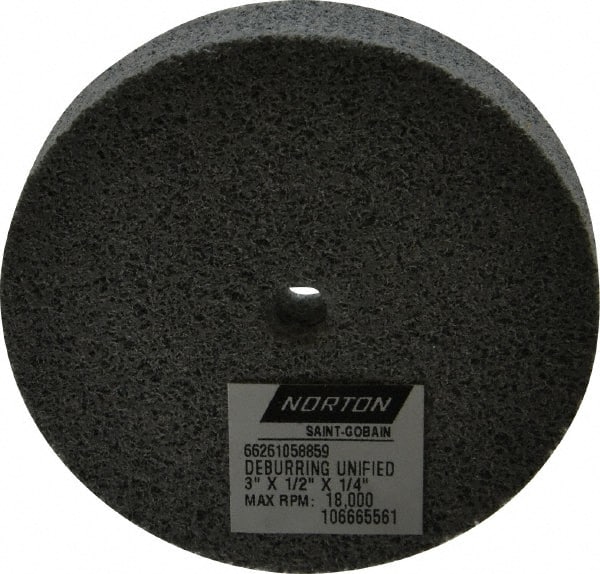 Norton - 3" Diam, 1/2" Face Width, 1/4" Center Hole, Very Fine Grade, Silicon Carbide Deburring Wheel - Unitized, Medium Grade, 18,000 RPM - Exact Tooling
