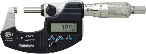 Mitutoyo - 0.0001 Inch Resolution, Standard Throat, Electronic Outside Micrometer - Includes Stand - Exact Tooling
