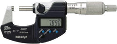 Mitutoyo - 0.0001 Inch Resolution, Standard Throat, Electronic Outside Micrometer - Includes Stand - Exact Tooling