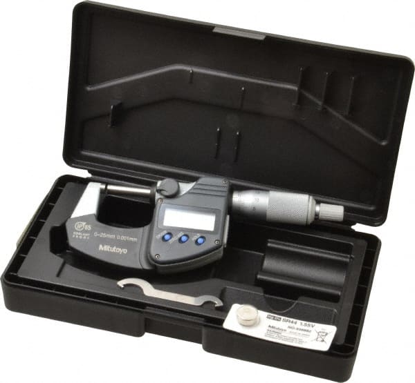 Mitutoyo - 0 to 25 mm Range, 0.001 mm Resolution, Standard Throat, IP65 Electronic Outside Micrometer - 0.001 Inch Accuracy, Ratchet Stop Thimble, Carbide Face, SR44 Battery, Data Output, Plastic Case, Includes NIST Traceable Certification of Inspection - Exact Tooling