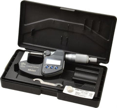 Mitutoyo - 0 to 25 mm Range, 0.001 mm Resolution, Standard Throat, IP65 Electronic Outside Micrometer - 0.001 Inch Accuracy, Ratchet Stop Thimble, Carbide Face, SR44 Battery, Data Output, Plastic Case, Includes NIST Traceable Certification of Inspection - Exact Tooling