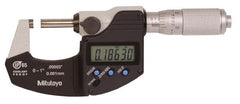 Mitutoyo - 0.0001 Inch Resolution, Standard Throat, Electronic Outside Micrometer - Includes Stand - Exact Tooling