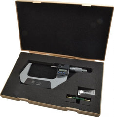 Mitutoyo - 3 to 4 Inch Range, 0.0001 Inch Resolution, Standard Throat, IP65 Electronic Outside Micrometer - 0.0001 Inch Accuracy, Ratchet Stop Thimble, Carbide Face, SR44 Battery, Data Output, Plastic Case - Exact Tooling