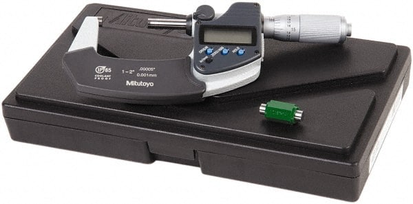 Mitutoyo - 1 to 2 Inch Range, 0.0001 Inch Resolution, Standard Throat, IP65 Electronic Outside Micrometer - 0.0001 Inch Accuracy, Friction Thimble, Carbide Face, SR44 Battery, Data Output, Plastic Case, Includes NIST Traceable Certification of Inspection - Exact Tooling