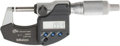 Mitutoyo - 0 to 1 Inch Range, 0.0001 Inch Resolution, Standard Throat, IP65 Electronic Outside Micrometer - 0.0001 Inch Accuracy, Ratchet Friction Thimble, Carbide Face, SR44 Battery, Plastic Case, Includes NIST Traceable Certification of Inspection - Exact Tooling