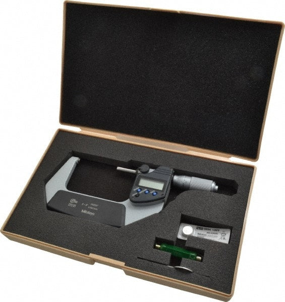 Mitutoyo - 2 to 3 Inch Range, 0.0001 Inch Resolution, Standard Throat, IP65 Electronic Outside Micrometer - 0.0001 Inch Accuracy, Ratchet Friction Thimble, Carbide Face, SR44 Battery, Plastic Case - Exact Tooling