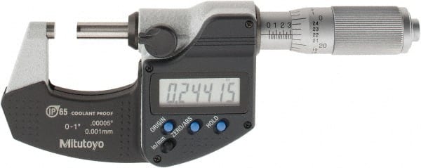 Mitutoyo - 0 to 1 Inch Range, 0.0001 Inch Resolution, Standard Throat, IP65, Electronic Outside Micrometer - 0.0001 Inch Accuracy, Friction Thimble, Carbide Face, SR44 Battery, Plastic Case, Includes NIST Traceable Certification of Inspection - Exact Tooling