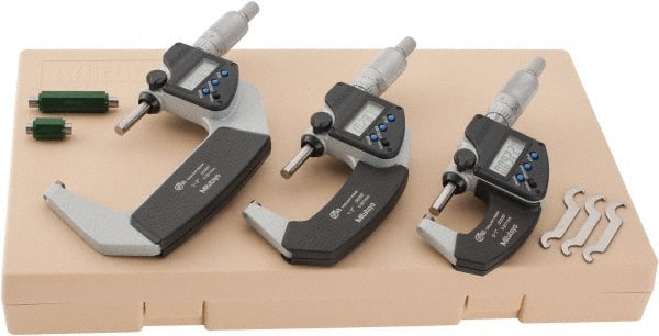 Mitutoyo - 0 to 3" Range, 0.001mm Resolution, IP65, 3 Piece Electronic Outside Micrometer Sets - 0.001mm Accuracy, Ratchet Stop Thimble, Carbide Measuring Face - Exact Tooling