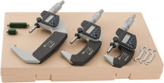 Mitutoyo - 0 to 3" Range, 0.001mm Resolution, IP65, 3 Piece Electronic Outside Micrometer Sets - 0.001mm Accuracy, Ratchet Stop Thimble, Carbide Measuring Face - Exact Tooling