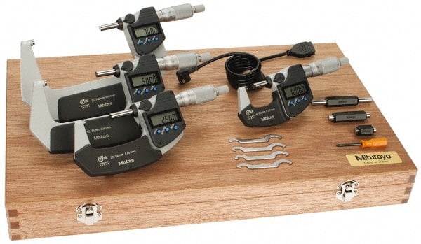 Mitutoyo - 0 to 100mm Range, 0.001mm Resolution, IP65, 4 Piece Electronic Outside Micrometer Sets - 0.001, 0.002mm Accuracy, Ratchet Stop Thimble, Carbide Measuring Face - Exact Tooling