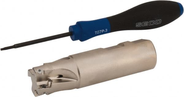 Seco - 1" Cut Diam, 0.354" Max Depth of Cut, 1" Shank Diam, 3.78" OAL, Indexable Square Shoulder End Mill - XO.X 10T3.. Inserts, Weldon Shank, 90° Lead Angle, Through Coolant, Series Turbo 10 - Exact Tooling