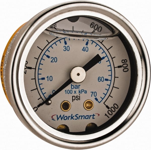 Value Collection - 1-1/2" Dial, 1/8 Thread, 0-1,000 Scale Range, Pressure Gauge - Center Back Connection Mount, Accurate to 3-2-3% of Scale - Exact Tooling