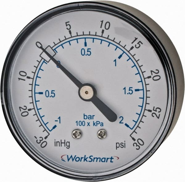 Value Collection - 2-1/2" Dial, 1/4 Thread, 30-0-30 Scale Range, Pressure Gauge - Center Back Connection Mount, Accurate to 3-2-3% of Scale - Exact Tooling