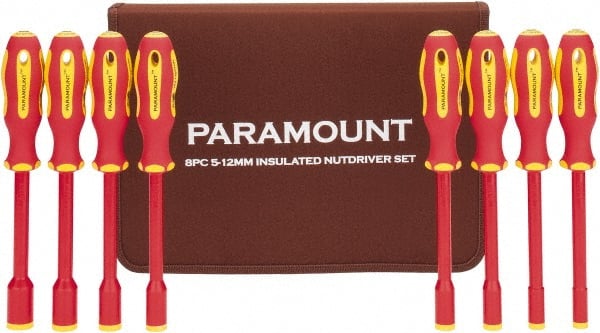Paramount - 8 Piece 5 to 12mm Insulated Nutdriver Set - Solid Shaft, Ergonomic Handle - Exact Tooling