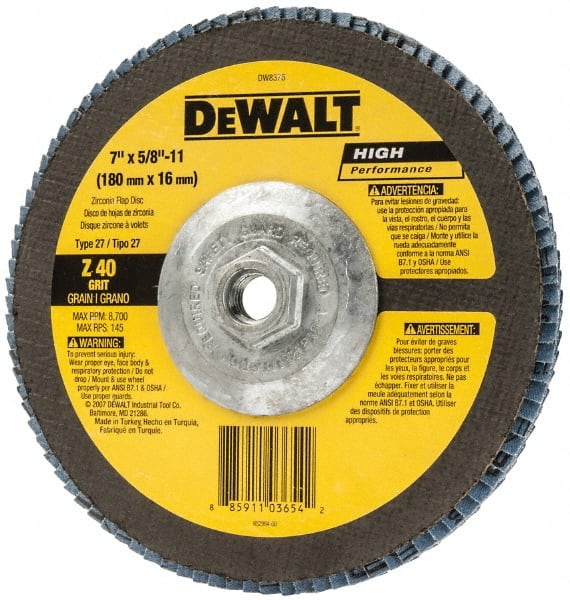 DeWALT - 40 Grit, 7" Disc Diam, 5/8-11 Center Hole, Type 27 Zirconia Alumina Flap Disc - 8,700 Max RPM, Fiberglass Backing, Arbor Attaching System, Coated - Exact Tooling