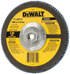 DeWALT - 40 Grit, 7" Disc Diam, 5/8-11 Center Hole, Type 27 Zirconia Alumina Flap Disc - 8,700 Max RPM, Fiberglass Backing, Arbor Attaching System, Coated - Exact Tooling
