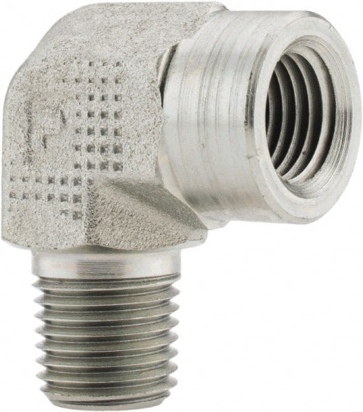 Parker - 1/4 Male Thread x 1/4 Female Thread, Zinc Plated Steel Industrial Pipe 90° Street Elbow - MNPTF x FNPTF, 5,000 psi - Exact Tooling