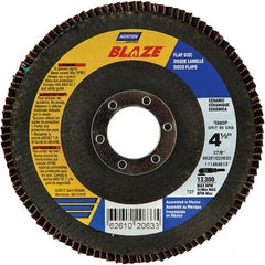 Norton - 36 Grit, 4-1/2" Disc Diam, 7/8" Center Hole, Type 27 Ceramic Alumina Flap Disc - 13,000 Max RPM, Cloth Backing, Arbor Attaching System, Coated - Exact Tooling