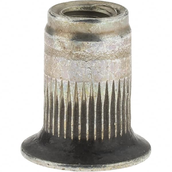 Value Collection - M4x0.70, 6.73mm Insert Diam, 10.67mm OAL, Knurled Body Open End Threaded Insert - 6.75mm Hole Diam, 9.91mm Head Diam, 1008/1010 Steel, Clear Protective Coating & Zinc Yellow Dichromate Finish - Exact Tooling