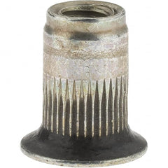 Value Collection - M4x0.70, 6.73mm Insert Diam, 10.67mm OAL, Knurled Body Open End Threaded Insert - 6.75mm Hole Diam, 9.91mm Head Diam, 1008/1010 Steel, Clear Protective Coating & Zinc Yellow Dichromate Finish - Exact Tooling