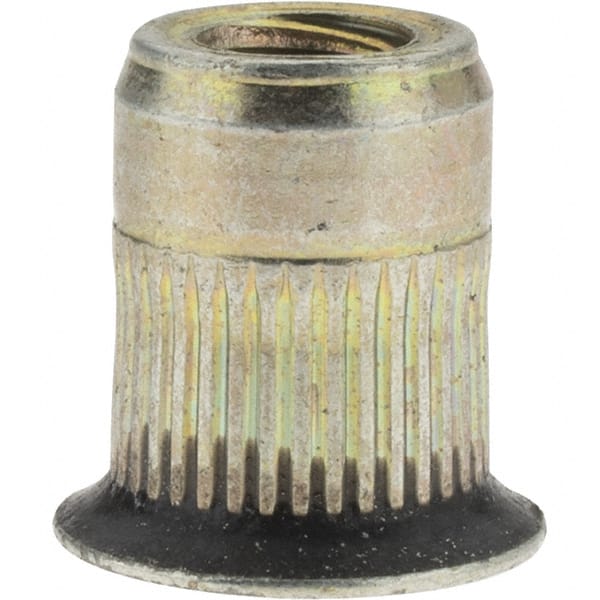 Value Collection - 5/16-18, 0.53 Insert Diam, 0.69" OAL, Sealed Head Open End Threaded Insert - 0.5312" Hole Diam, 0.685" Head Diam, 1008/1010 Steel, Clear Protective Coating & Zinc Yellow Dichromate Finish - Exact Tooling