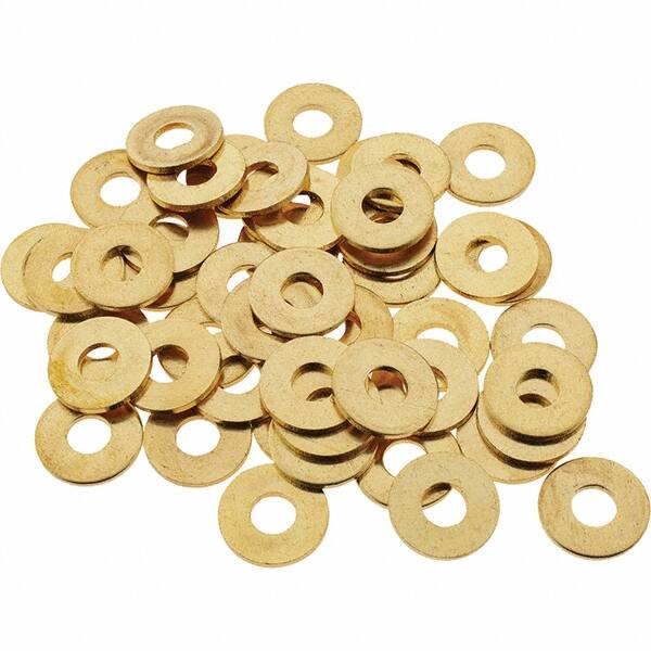 Value Collection - #8 Screw, Brass Standard Flat Washer - 0.172" ID x 7/16" OD, 0.036" Thick, Plain Finish - Exact Tooling