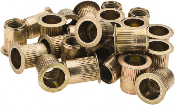 Value Collection - 3/8-24, 0.53 Insert Diam, 0.69" OAL, Knurled Body Open End Threaded Insert - 0.5312" Hole Diam, 0.685" Head Diam, 1008/1010 Steel, Clear Protective Coating & Zinc Yellow Dichromate Finish - Exact Tooling