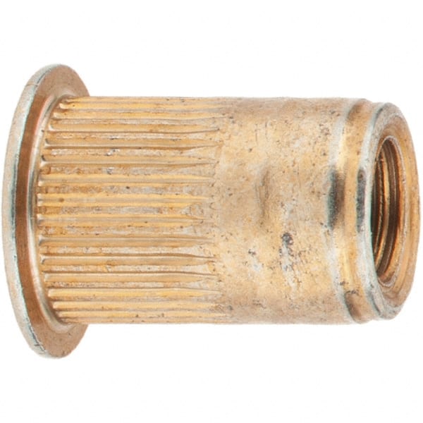 Value Collection - 1/4-28, 0.39 Insert Diam, 0.58" OAL, Knurled Body Open End Threaded Insert - 0.3906" Hole Diam, 1/2" Head Diam, 1008/1010 Steel, Clear Protective Coating & Zinc Yellow Dichromate Finish - Exact Tooling