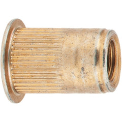 Value Collection - 1/4-28, 0.39 Insert Diam, 0.58" OAL, Knurled Body Open End Threaded Insert - 0.3906" Hole Diam, 1/2" Head Diam, 1008/1010 Steel, Clear Protective Coating & Zinc Yellow Dichromate Finish - Exact Tooling