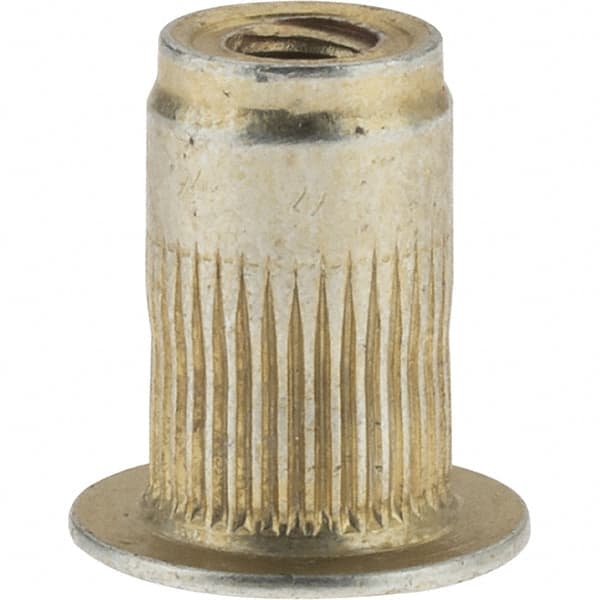 Value Collection - #6-32, 0.265 Insert Diam, 0.42" OAL, Knurled Body Open End Threaded Insert - 0.2656" Hole Diam, 0.39" Head Diam, 1008/1010 Steel, Clear Protective Coating & Zinc Yellow Dichromate Finish - Exact Tooling