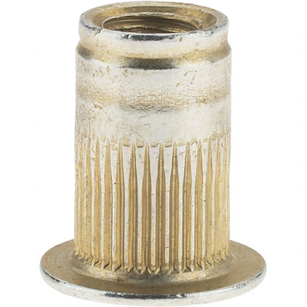 Value Collection - #8-32, 0.265 Insert Diam, 0.42" OAL, Knurled Body Open End Threaded Insert - 0.2656" Hole Diam, 0.39" Head Diam, 1008/1010 Steel, Clear Protective Coating & Zinc Yellow Dichromate Finish - Exact Tooling