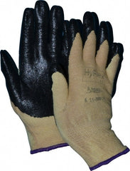 Ansell - Size XS (6), ANSI Cut Lvl 2, Abrasion Lvl 3, Nitrile Coated Cut Resistant Gloves - Palm & Fingers Coated, Kevlar Lining, Knit Wrist, Black/Yellow, Paired - Exact Tooling