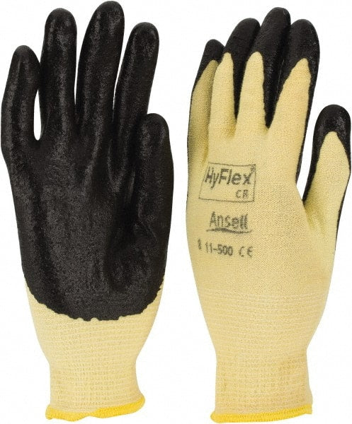 Ansell - Size M (8), ANSI Cut Lvl 2, Abrasion Lvl 3, Nitrile Coated Cut Resistant Gloves - Palm & Fingers Coated, Kevlar Lining, Knit Wrist, Black/Yellow, Paired - Exact Tooling