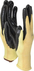 Ansell - Size L (9), ANSI Cut Lvl 2, Abrasion Lvl 3, Nitrile Coated Cut Resistant Gloves - Palm & Fingers Coated, Kevlar Lining, Knit Wrist, Black/Yellow, Paired - Exact Tooling