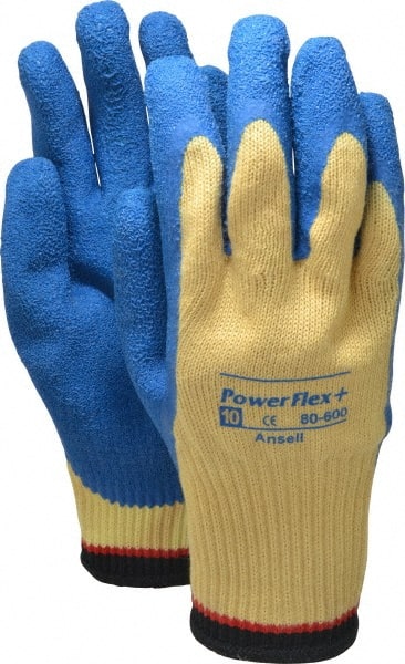 Ansell - Size XL (10), ANSI Cut Lvl 2, Abrasion Lvl 4, Natural Rubber Latex Coated Cut Resistant Gloves - Palm & Fingers Coated, Kevlar Lining, Knit Wrist, Blue/Yellow, Paired - Exact Tooling