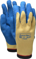 Ansell - Size XL (10), ANSI Cut Lvl 2, Abrasion Lvl 4, Natural Rubber Latex Coated Cut Resistant Gloves - Palm & Fingers Coated, Kevlar Lining, Knit Wrist, Blue/Yellow, Paired - Exact Tooling