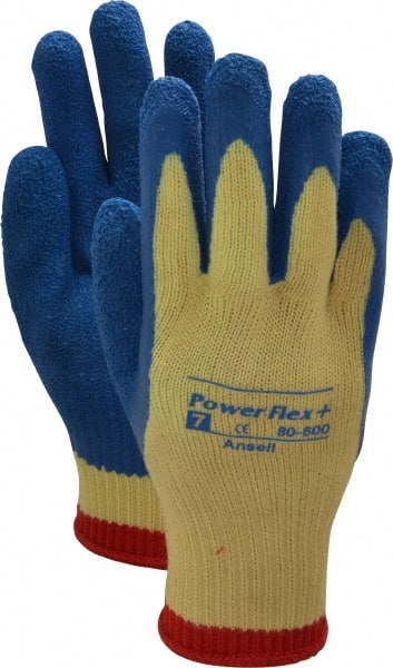 Ansell - Size S (7), ANSI Cut Lvl 2, Abrasion Lvl 4, Natural Rubber Latex Coated Cut Resistant Gloves - Palm & Fingers Coated, Kevlar Lining, Knit Wrist, Blue/Yellow, Paired - Exact Tooling