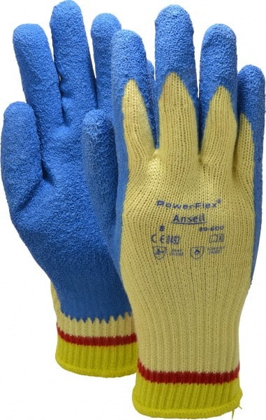 Ansell - Size M (8), ANSI Cut Lvl 2, Abrasion Lvl 4, Natural Rubber Latex Coated Cut Resistant Gloves - Palm & Fingers Coated, Kevlar Lining, Knit Wrist, Blue/Yellow, Paired - Exact Tooling
